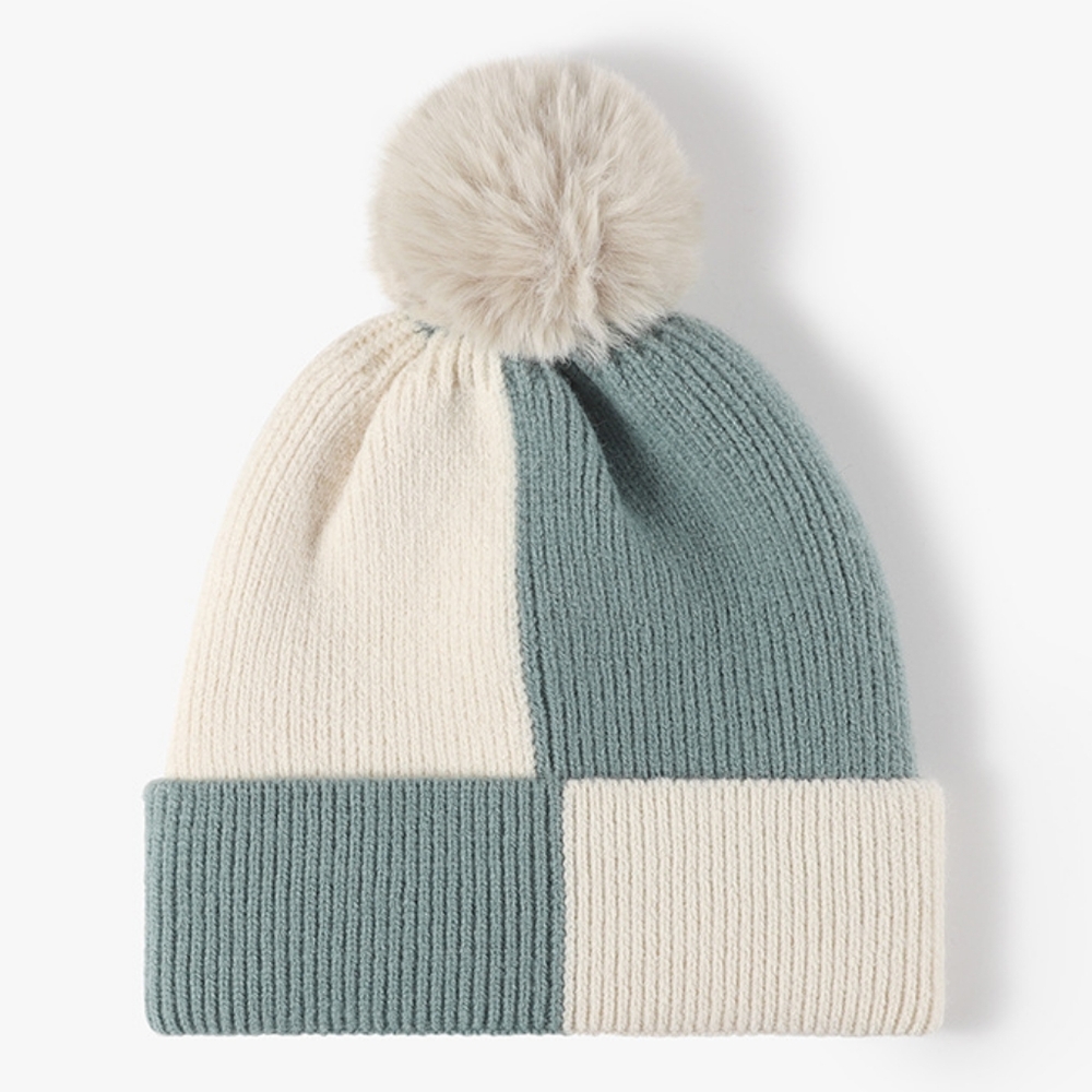 Faux Rabbit Fur Pom Pom Beanie Fuzzy Insulation Checker Hat Rib Knit Winter Cap